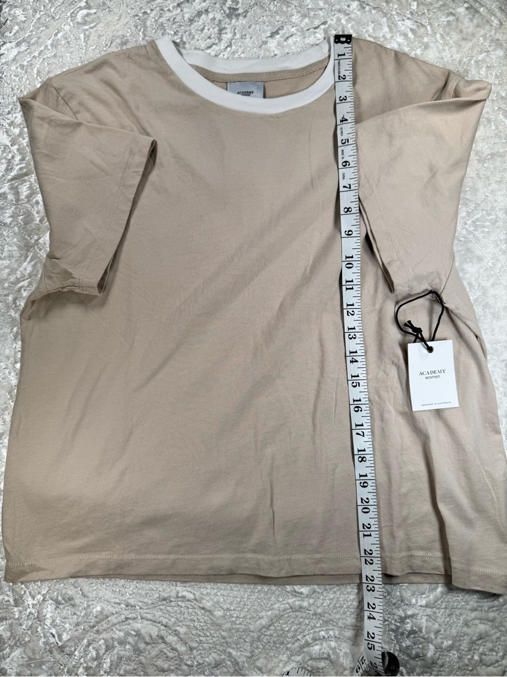 NWT Academy SUPERSOFT Beige Short Sleeve Crewneck Tee with White Trim